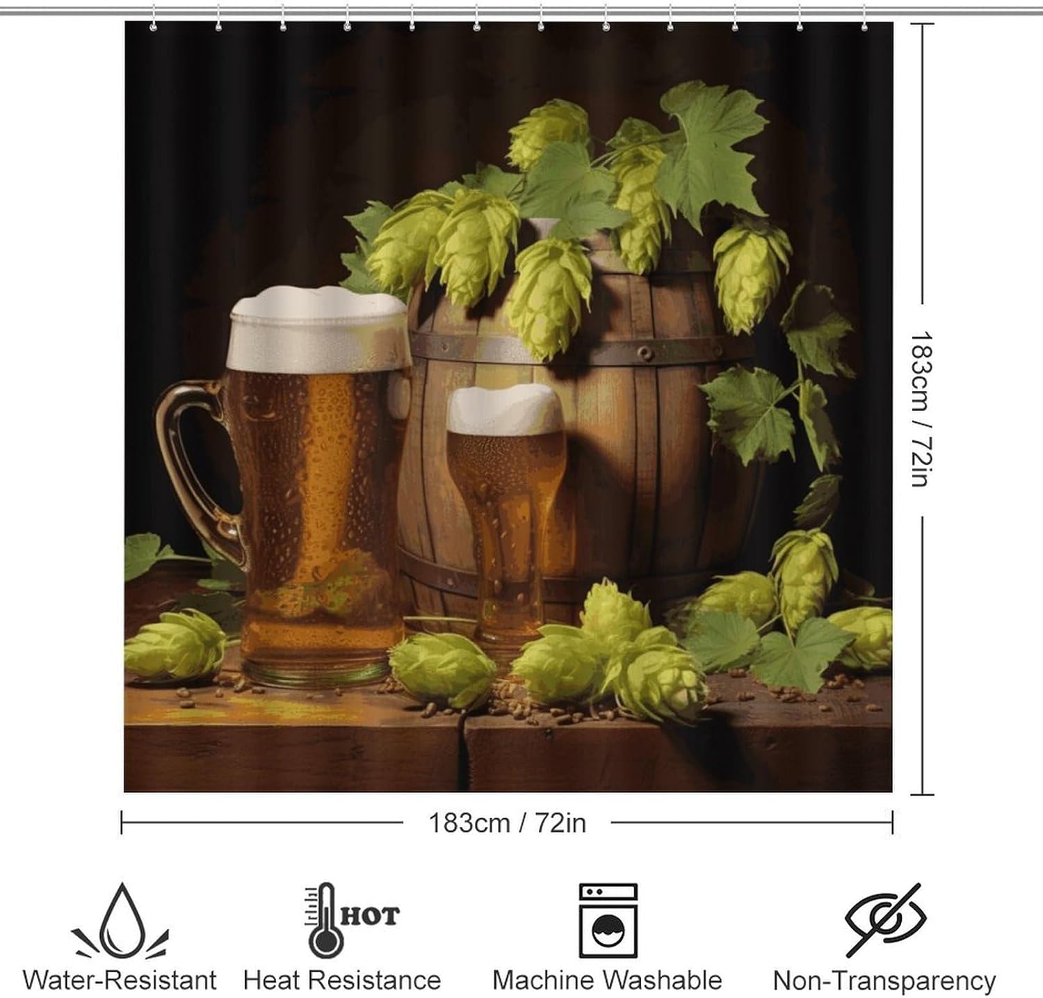 Beer and Hop Cones Shower Curtain Set 4 Piece, Non-Slip Bath Mat with Toilet Lid Cover and Waterproof Shower Curtain with 12 Hooks, Complete Bathroom Set for Home Decor