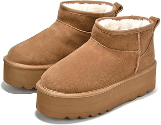 Botines de piel de ante 100% auténtica para mujer, plantilla de espuma viscoelástica, botas de plataforma mini antideslizantes, para invierno, ligeras, botas de nieve (Huggy)