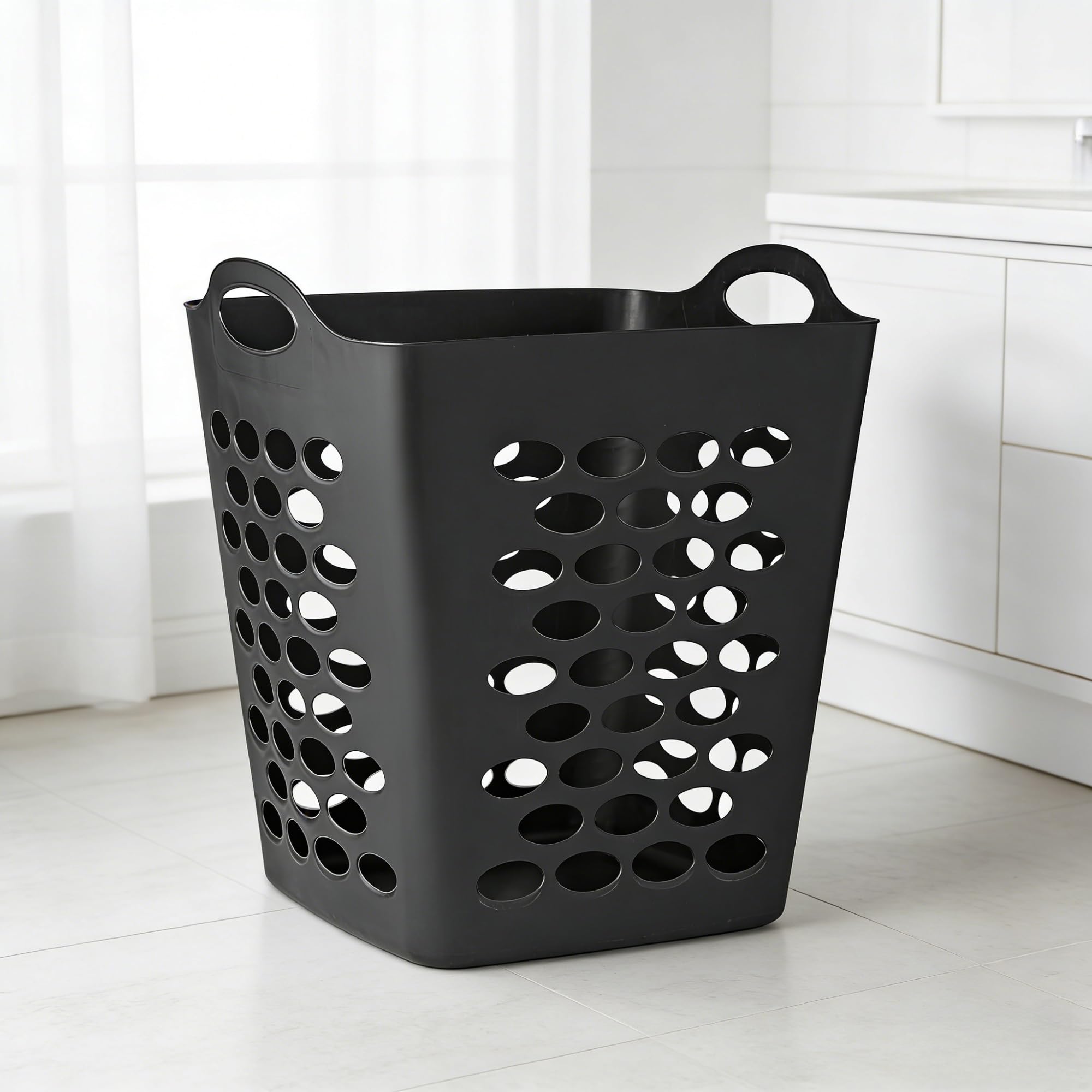 Flex Square Laundry Hamper Black Adult, 2 Bushel Collapsible Plastic Hamper with Ventilation Holes and Sturdy Handles, Space Saving for Bedroom Bathroom Closet Dorm Room