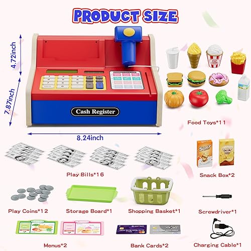 Miniatura 6 de Caja registradora de madera para niños con calculadora real, juguete recargable de caja registradora con escánerdinero de juegocomidatarjeta de