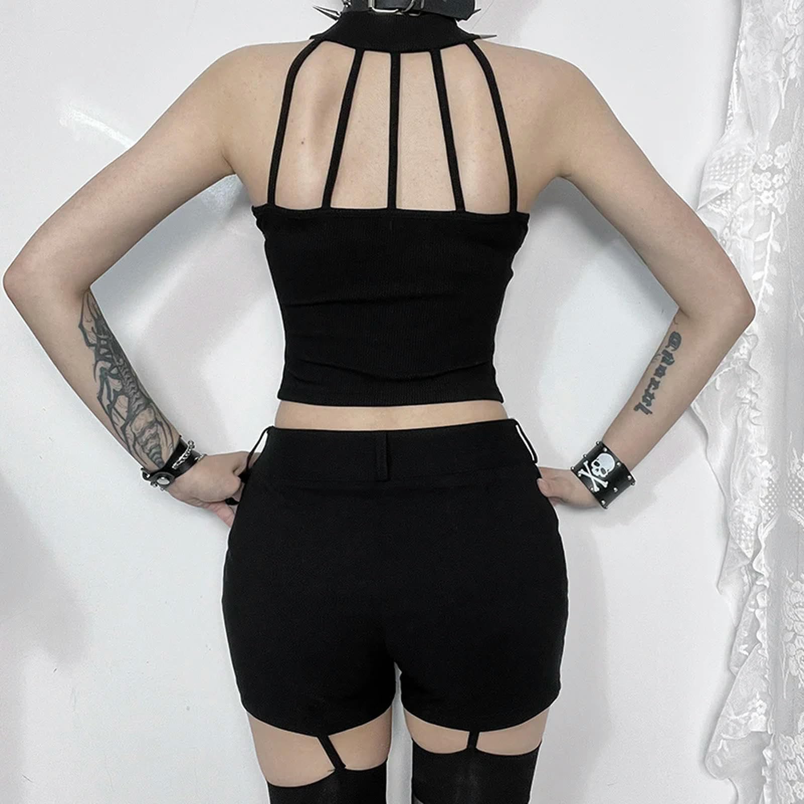 Débardeur Punk Noir Streetwear Tricot Été Ténèbres Réservoirs Femmes Hauts sans Manches-Noir-M