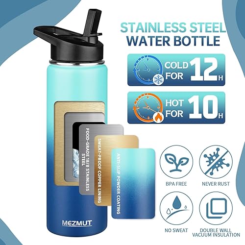 Miniatura 3 de MEZMUT Botella de agua aislada de acero inoxidable de 24 onzas con popote y 2 tapas, taza de metal deportiva, botella aislada al vacío de doble