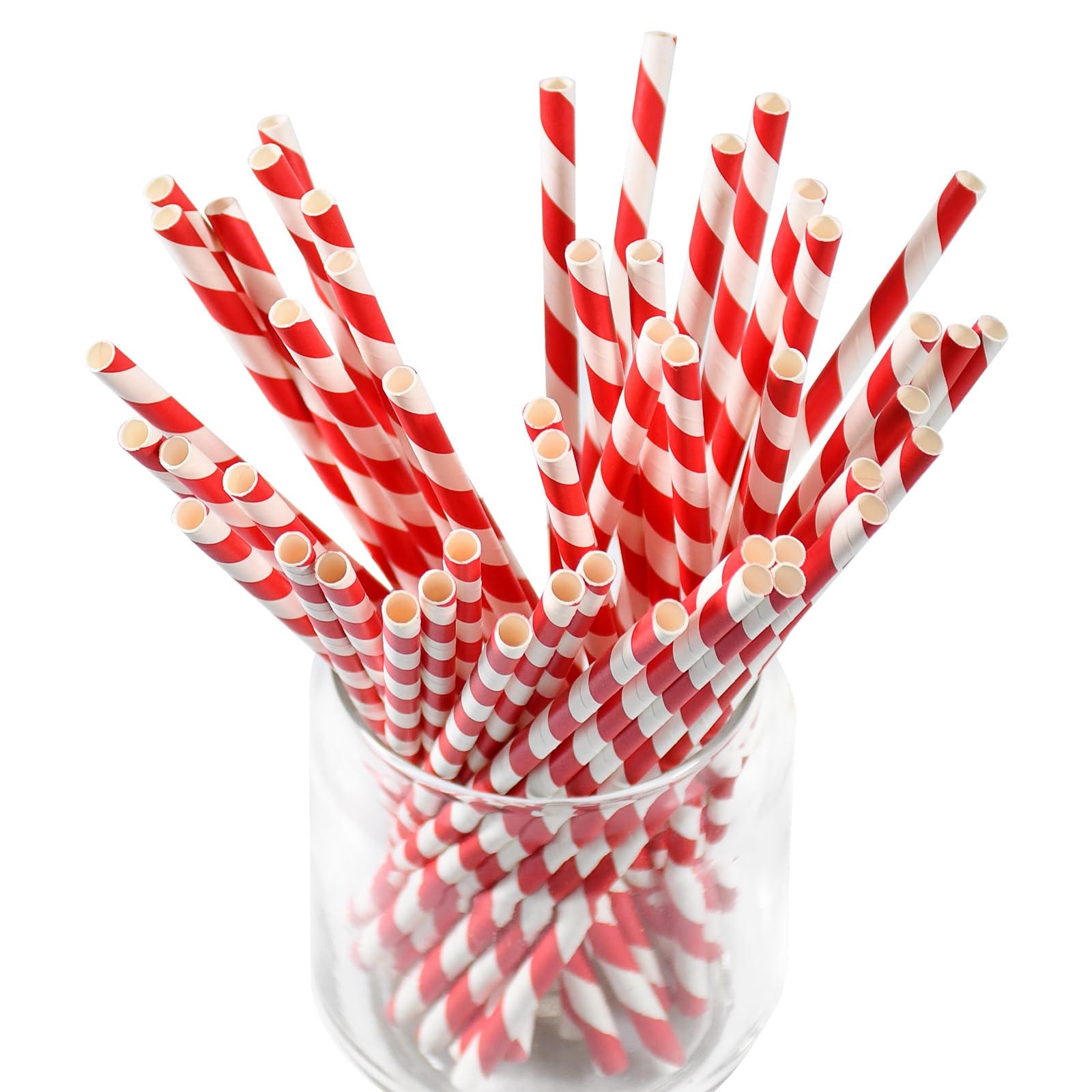 Lives on Green Disposable 7.75 inch Red White Striped Paper Straws Biodegradable 100 Counts - for Drinking, Cocktail, Decoration, Party, Crafts