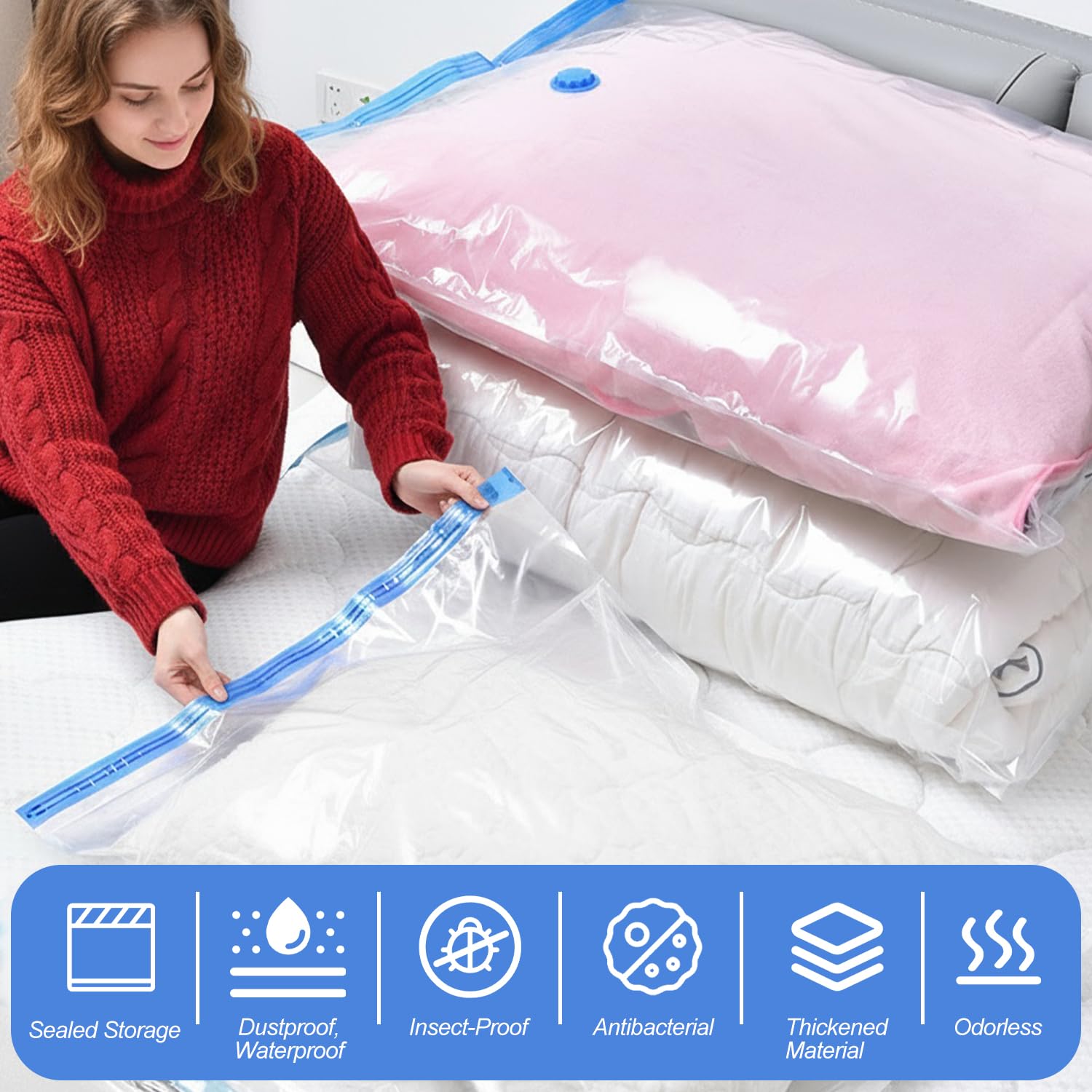 Sacchetti sottovuoto Extra Large (130x100cm) con pompa a mano per abbigliamento, piumoni, biancheria - Risparmia il 80% di spazio - Confezione da 4
