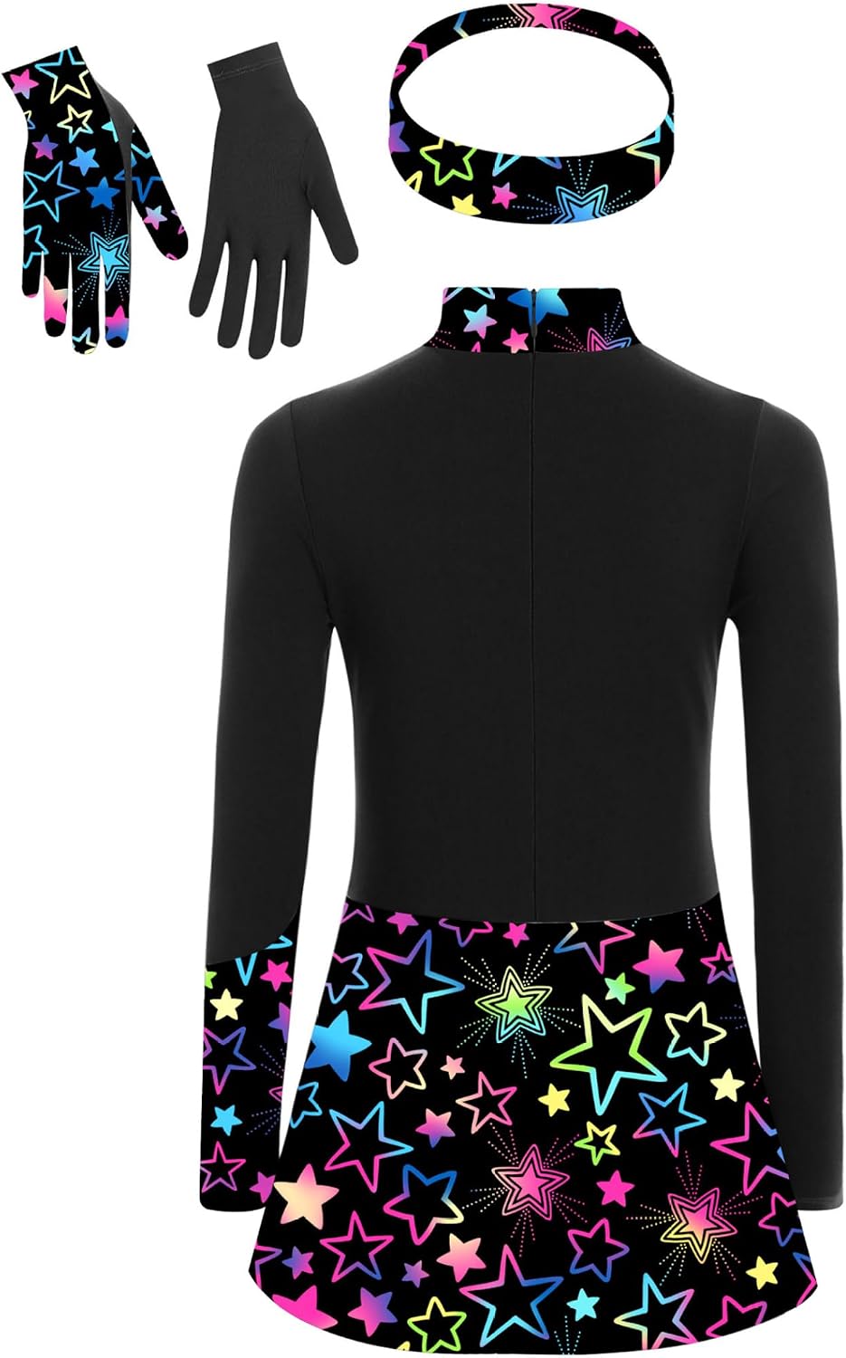 Figure Ice Skating Dress for Kids Girls Printed Dress Leotard with Headband Gloves Set Long Sleeve Activewear