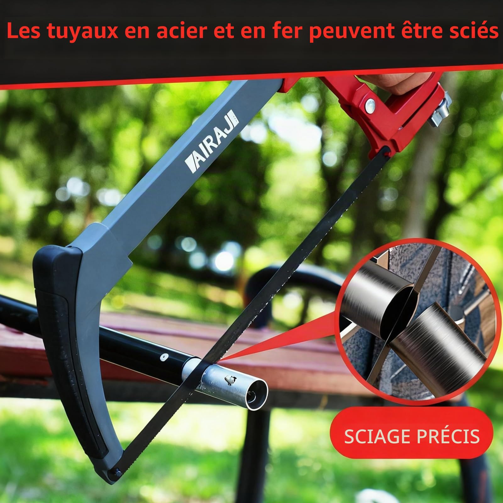 AIRAJ Scie à Métaux 300 mm, Lame à Double Angle de Coupe 45°/90°, Inclut 10 Lames, Scie à Métaux Multifonction Lourde pour PVC, Tuyaux Métalliques, Coupe de Bois