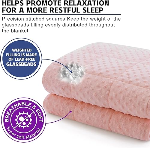 Miniatura 3 de Huloo Sleep Manta con peso tamaño Queen de 20 libras para adultos (60 x 80 pulgadas, rosa), transpirable, suave y con peso para todas las