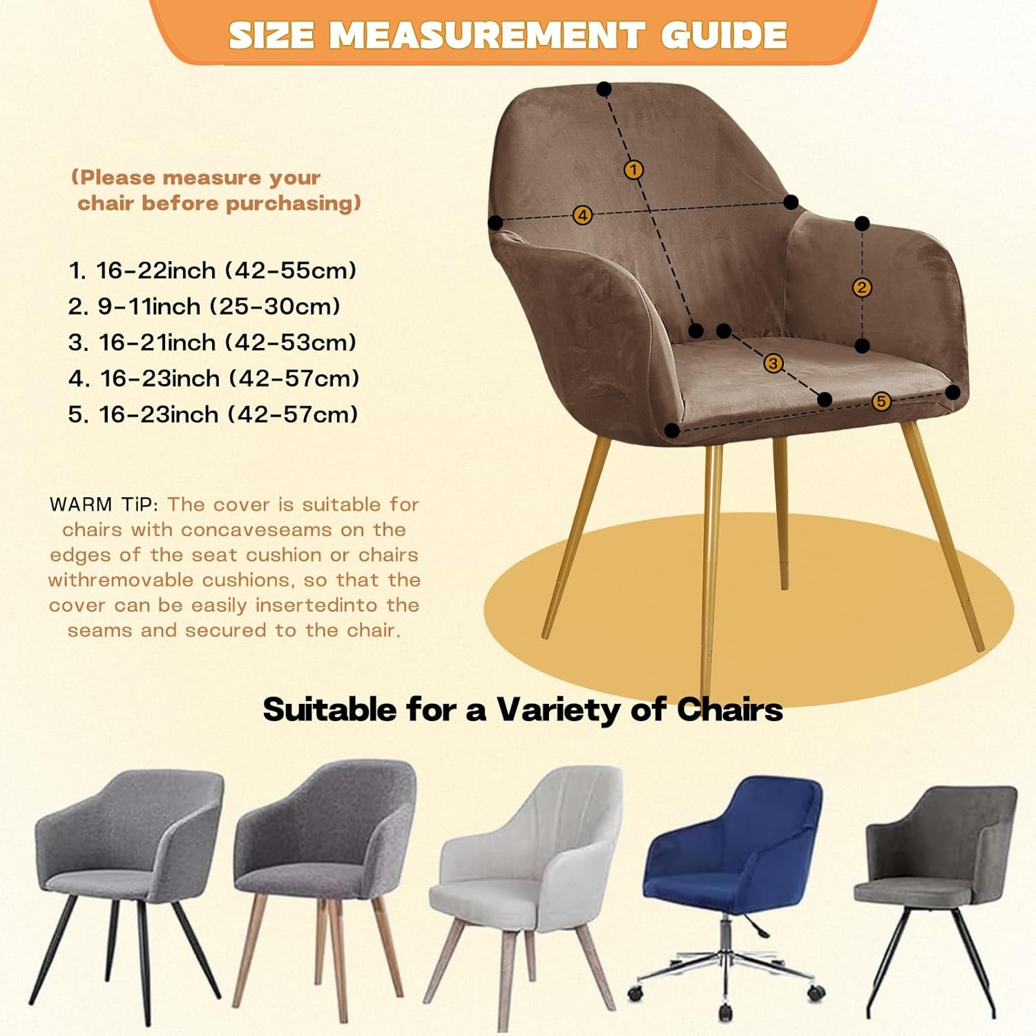 ダイニング＆オフィスチェア用高伸縮ベルベットチェアカバー（アームレスト付き） - ダイニングルーム、リビングルーム、キッチン、ホテル