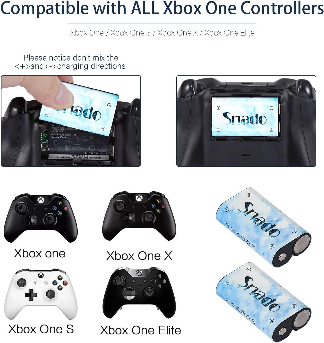 Snado Compatible with Xbox One Battery 4 Pack x 2200mAh Rechargeable Controller Battery and LCD Charger for Xbox One/Xbox One S/Xbox One X/Xbox One Elite Wireless Controller : Video Games