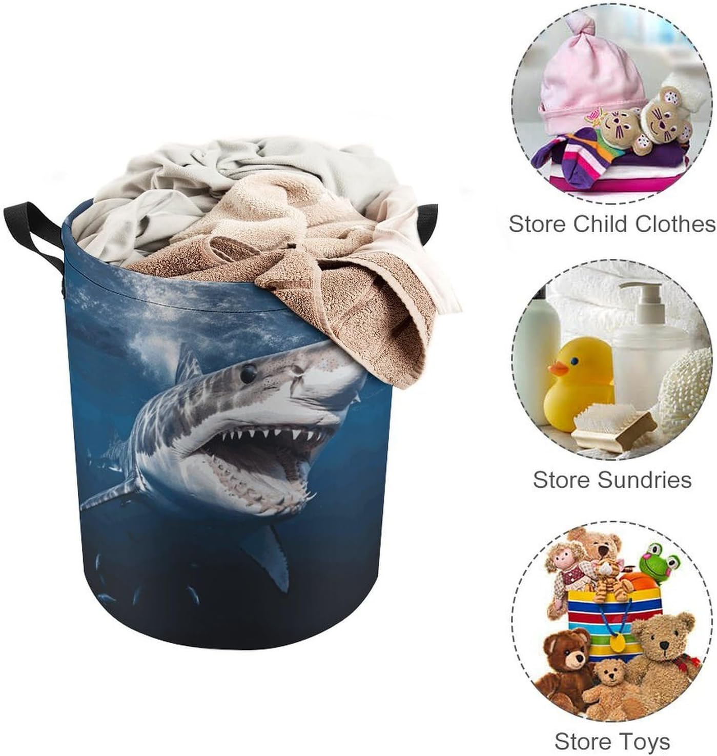 Great White Shark Opens Mouth Laundry Basket Collapsible Clothes Hamper with Reinforced Handles Large Capacity Waterproof Laundry Bag Freestanding Laundry Hamper for Bedroom Bathroom