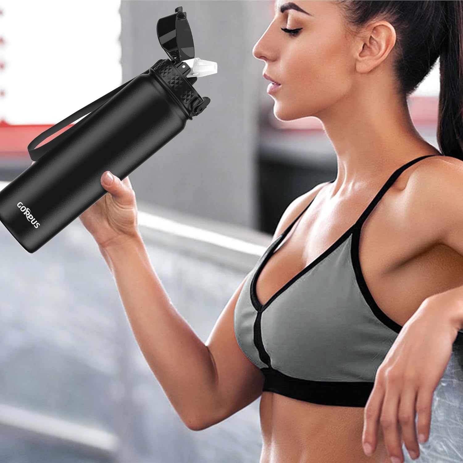 GOPPUS 1L/32oz Stainless Water Bottle with Straw Double Wall Insulated Bottles Reusable Vacuum Thermal Flask Leakproof Drinks Bottle Sports Bottle Cold Gym Bottle Men Women Steel Bottle Metal Bottle