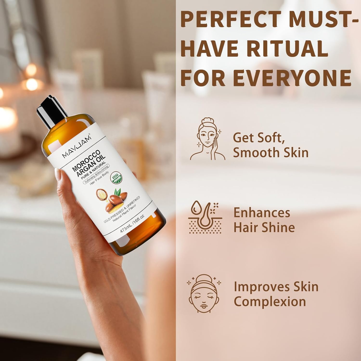 MAYJAM Organic Moroccan Argan Oil 16 Fl Oz, USDA Certified 100% Pure & Natural Carrier Oil For Dry, Damaged Skin, Hair, Face, Body & Scalp Moisturing, Massage Oils for Essential Oils Mixing (473ml) - Image 3