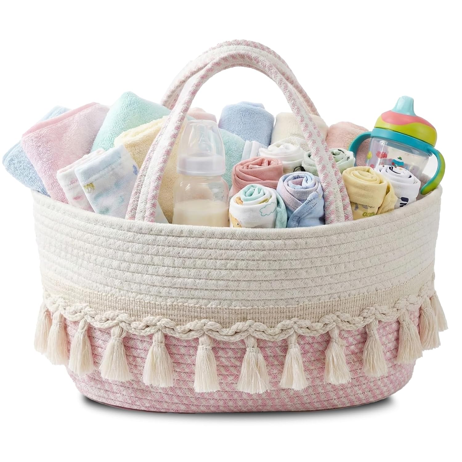 Diaper Caddy Organizer, Stylish Nursery Storage Basket, Baby Shower Basket with Tassel Decorative Appearance, Portable Storage Basket Suitable for Family and Car Travel (pinkish...