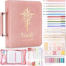 XKDOUS Bible Cover Case for Women, Leather Bible Bags with Study Supplies Journaling Kit, Gold Foiled Carrying Case Large Church Book Holder with Handle, Christian Gifts for Lady