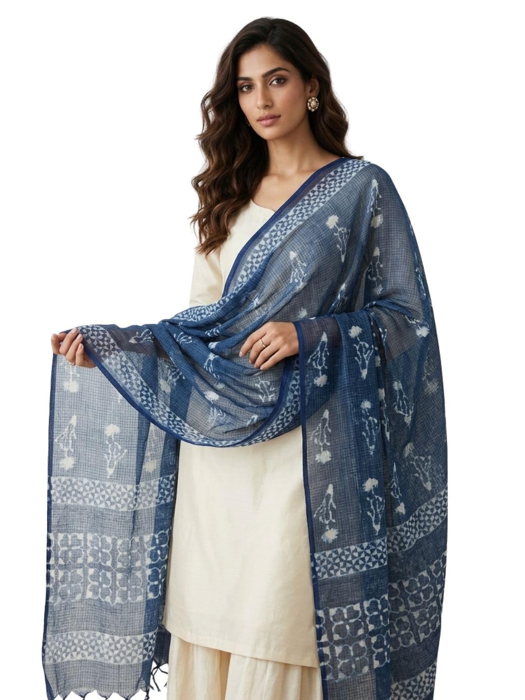 dupatta bazaar Women's Cotton Blend Block Printed Kota Doria Dupatta | Mughal Floral Hand Block Print Fringed Tassel Border | Lightweight Ethnic Wear Dupatta for Festive and Casual (2.4 Meter, Indigo)-picture-35