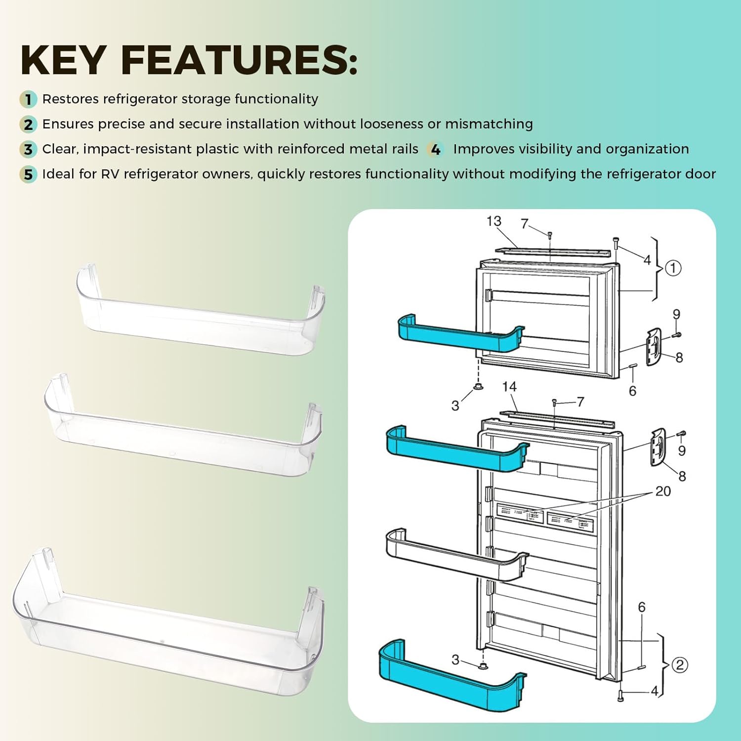 29325760655 Refrigerator Door Shelves Compatible With Dometic Americana II RV Refrigerators, Refrigerator Door Clear Shelf Combo Kit, 4-Piece Kit