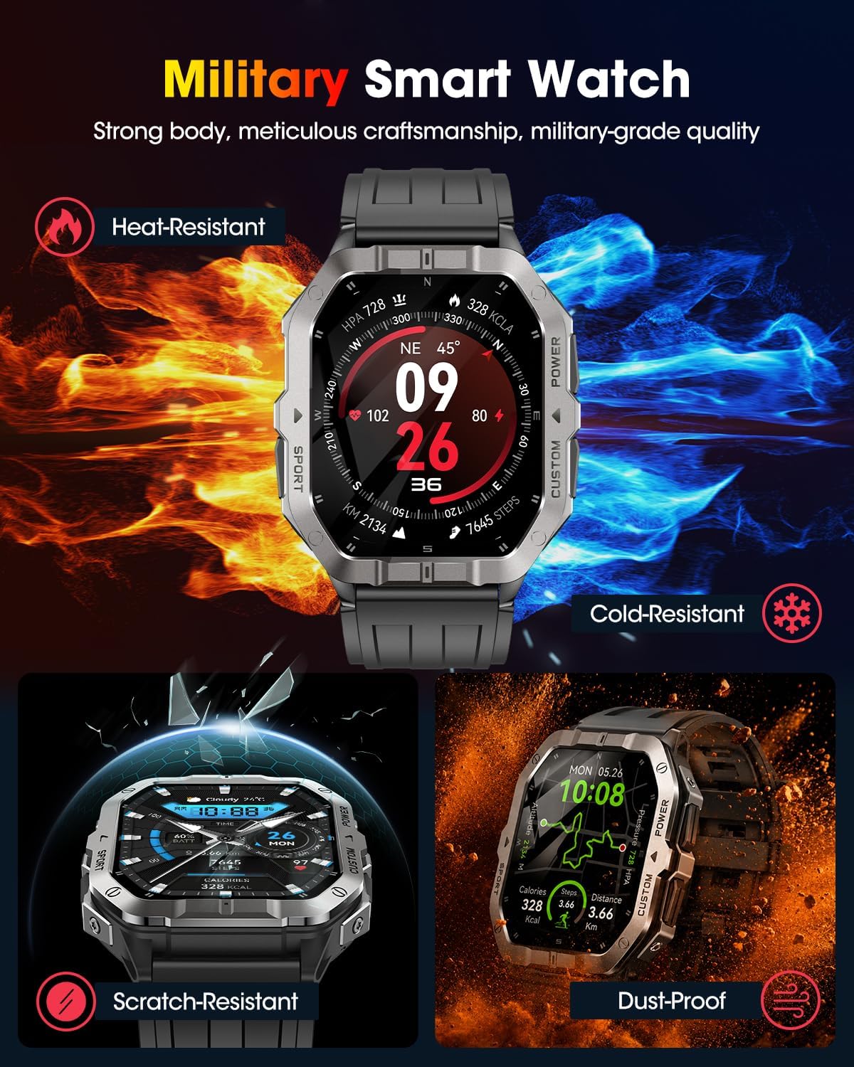Military Smart Watches Built-in GPS, Bluetooth Call 2.02'' Smart Watches for Men, Heart Rate Monitor, Sleep Monitor, 2 ATM Waterproof, 100+ Sports Modes for Android iPhone