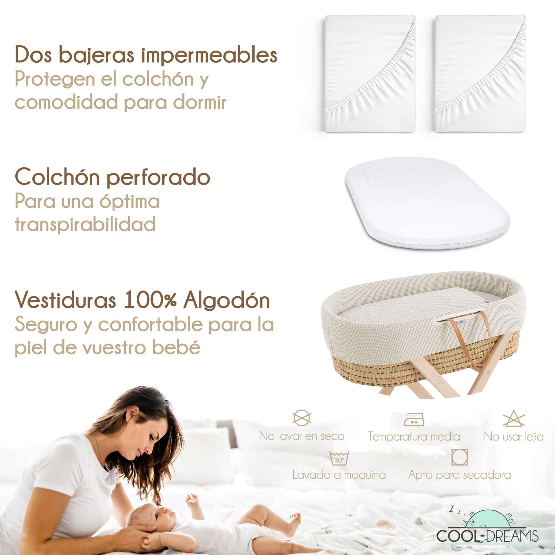 Moisés para bebé Recien Nacido, Incluye vestidura 100% algodón, colchón, Tijera Natural con Ruedas, capazo de Mimbre de Palma Natural y 2 bajeras Impermeables (Gofre Renard) CoolDreams