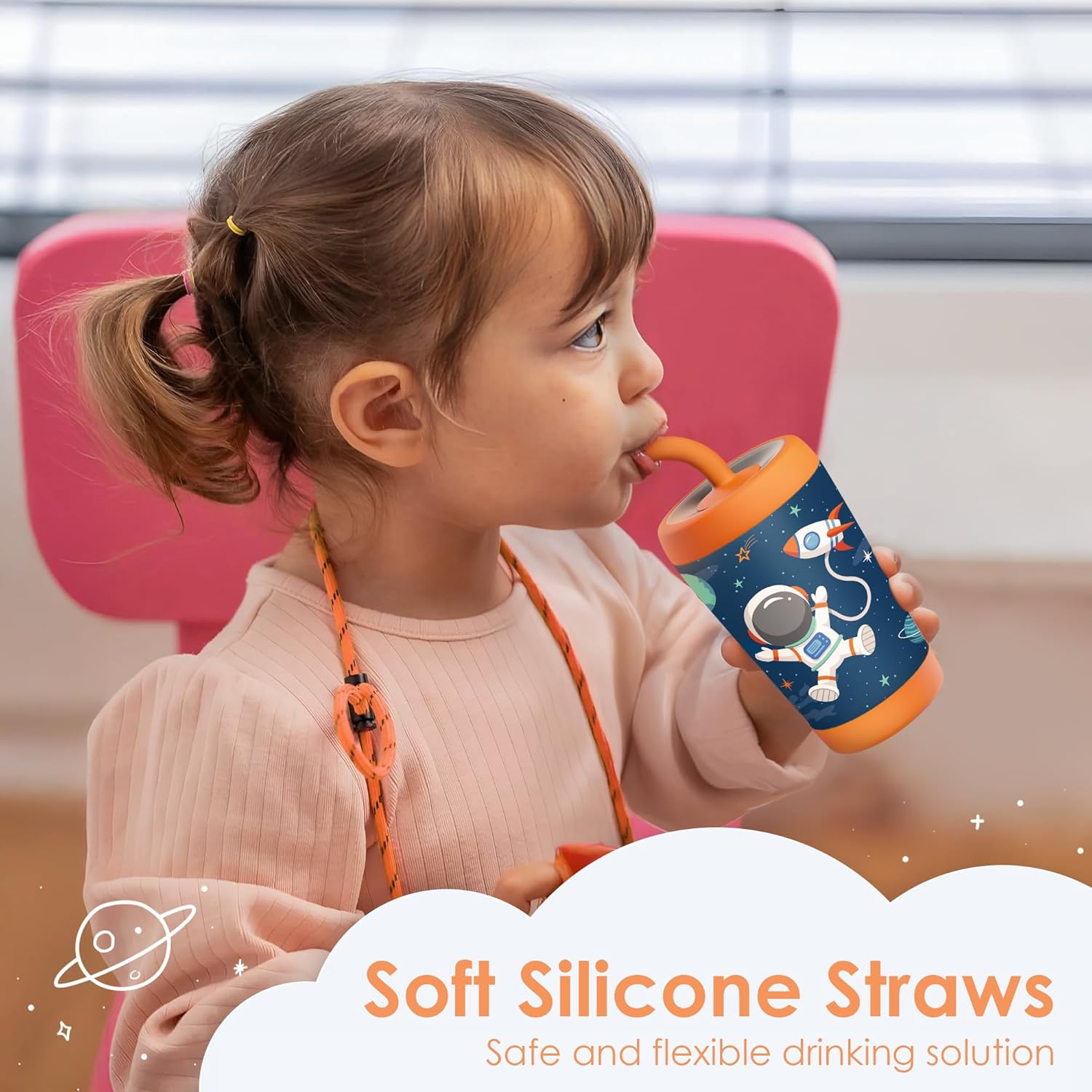 Kid Insulated Stainless Steel Tumbler with Silicone Straw, 12oz Sippy Cup for Kids (Astronaut) - Image 5