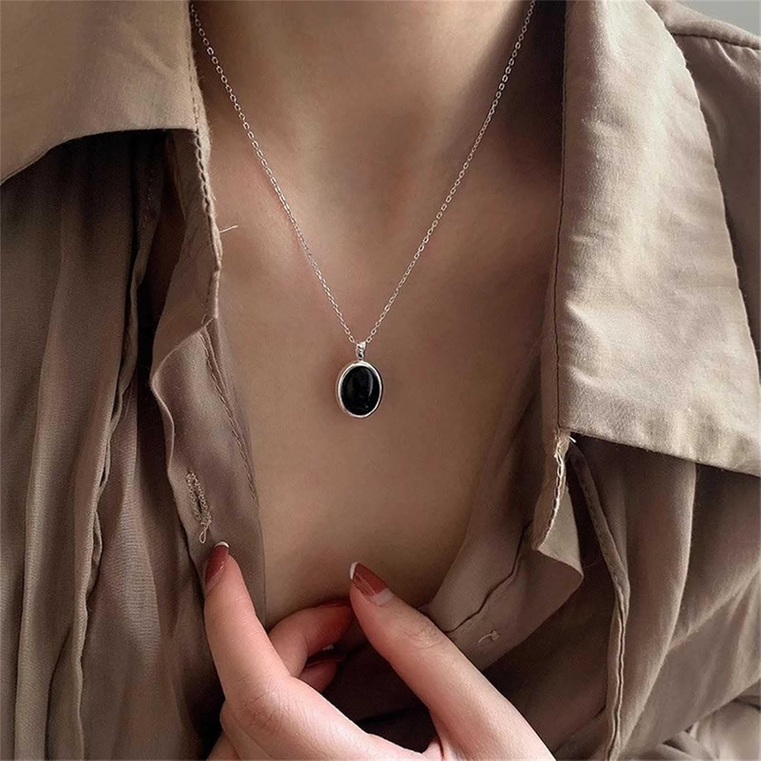 Boho Oval Onyx Necklace Choker Black Gemstone Pendant Necklaces Onyx Gemstone Necklace Silver Black Onyx Stone Necklaces Jewelry for Women - Image 5