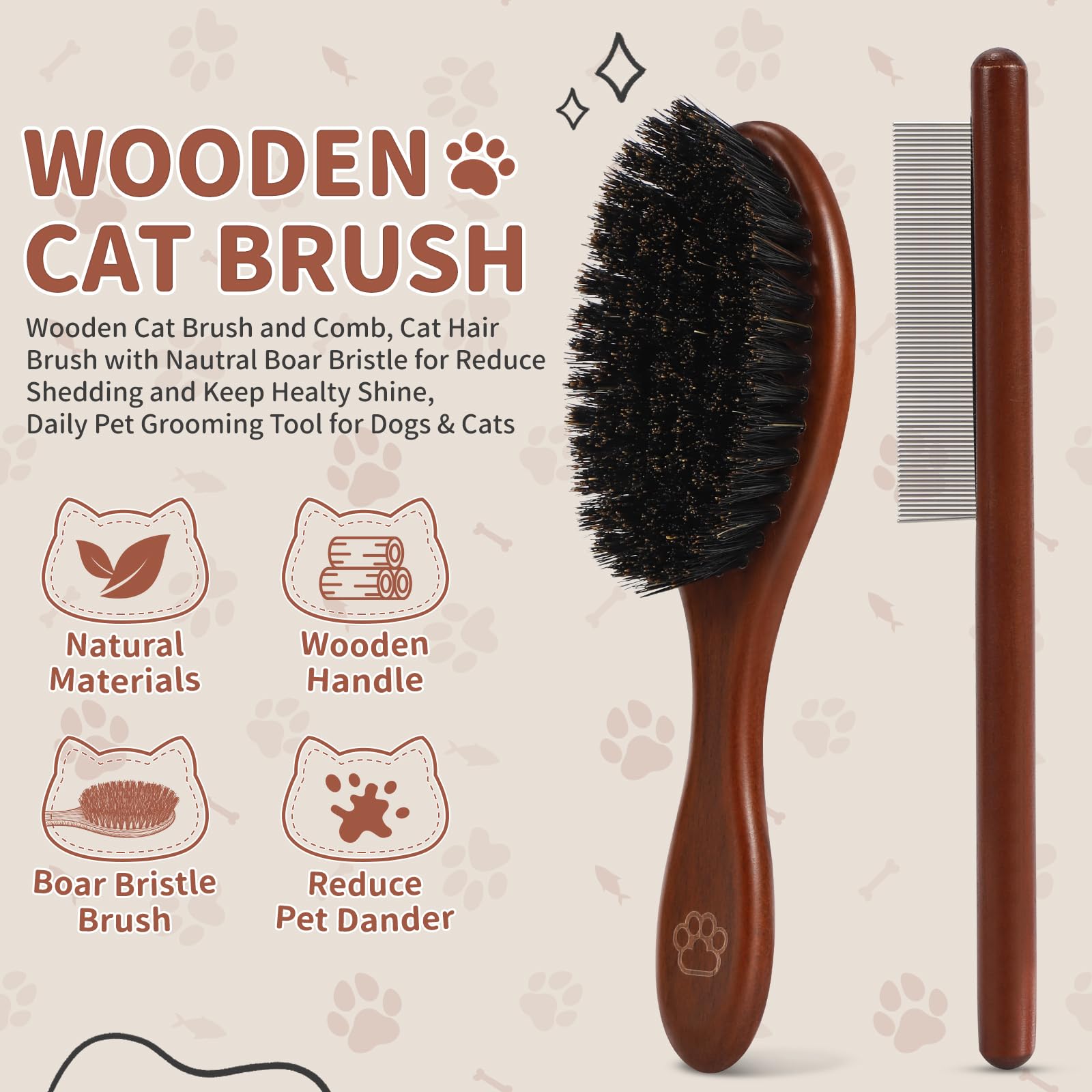 Cepillo y peine de madera para gatos, cepillo de pelo de gato con cerdas de jabalí náutrales para reducir el desprendimiento y mantener el brillo saludable, herramienta diaria de aseo de