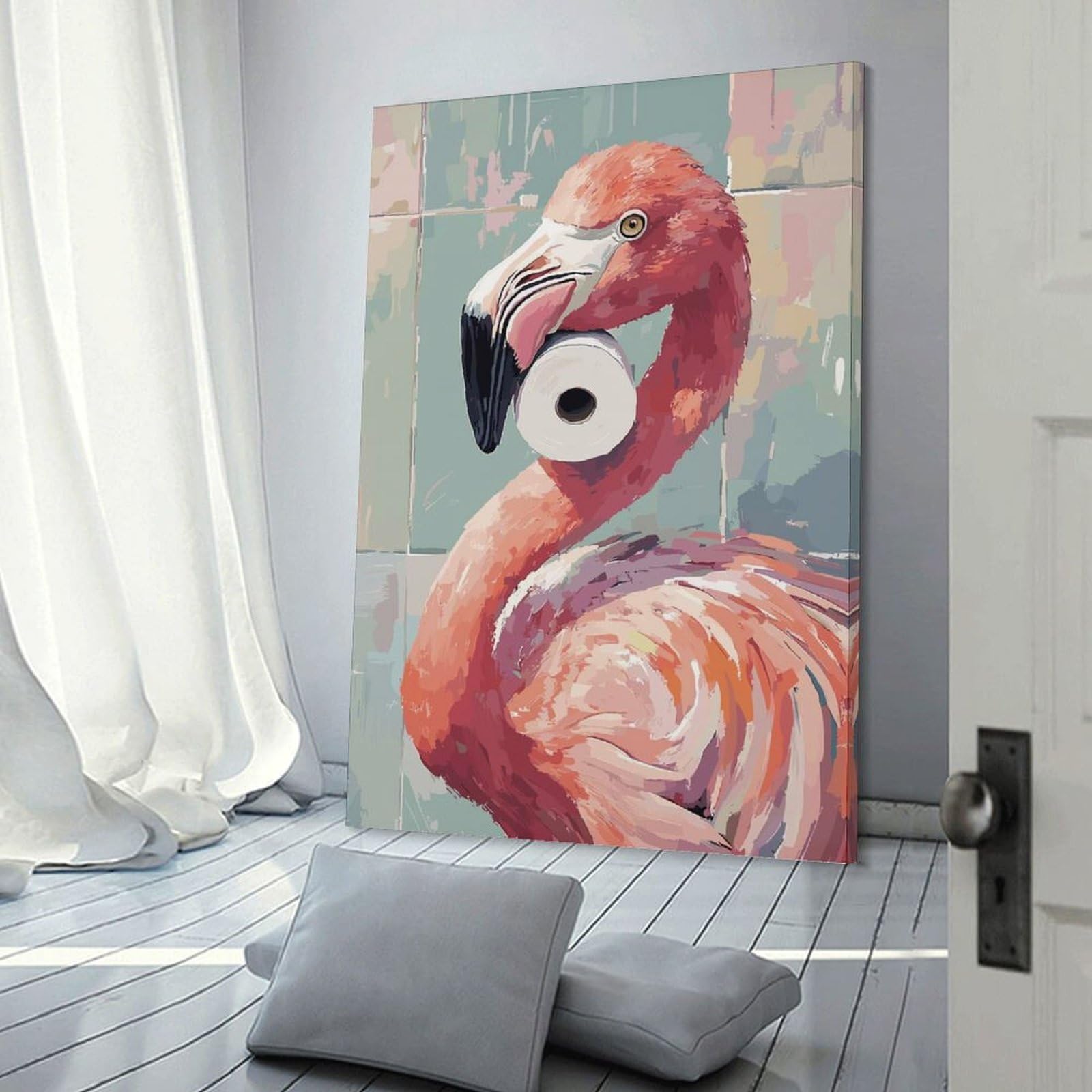 Junmoney Flamingo with Toilet Paper Roll Home Decor Wall Art 24x36inch(60x90cm), for Gallery Wall Layouts in Home Or Office, A Versatile Canvas Print for Layering