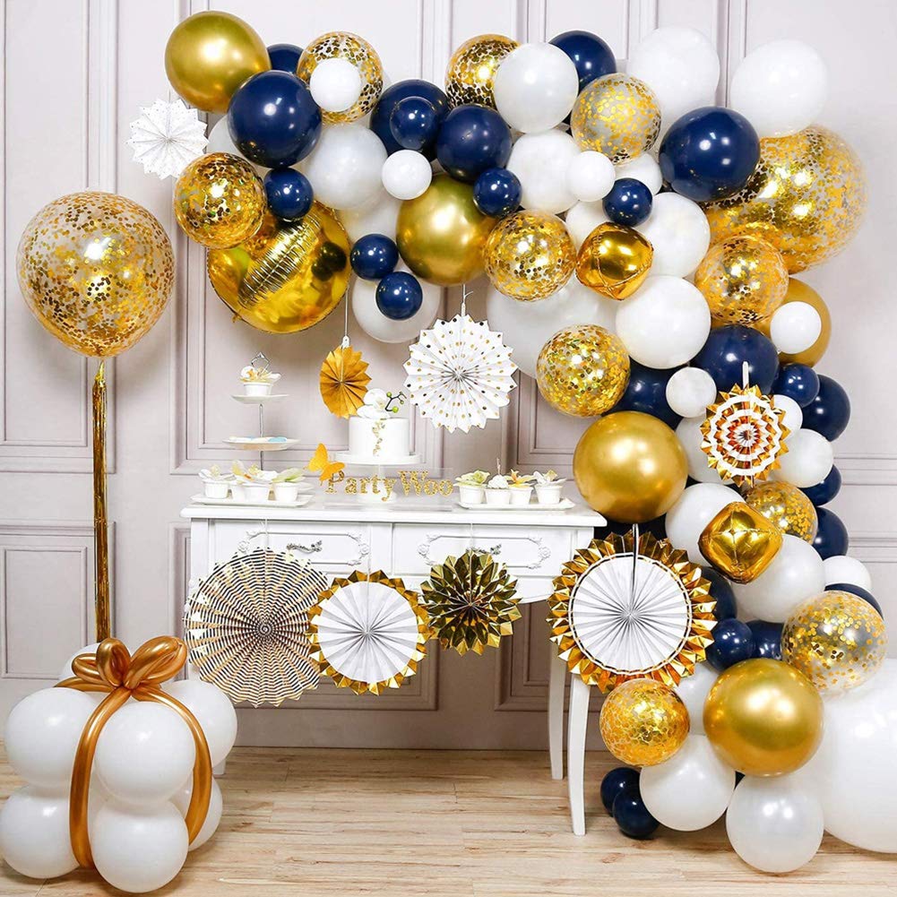 Kit de guirnalda de globos azul marino y dorado, 114 piezas de 8 abanicos de papel, borla dorada, globos de confeti gigantes, globos dorados 4D, para decoraciones de fiesta de oro azul marino