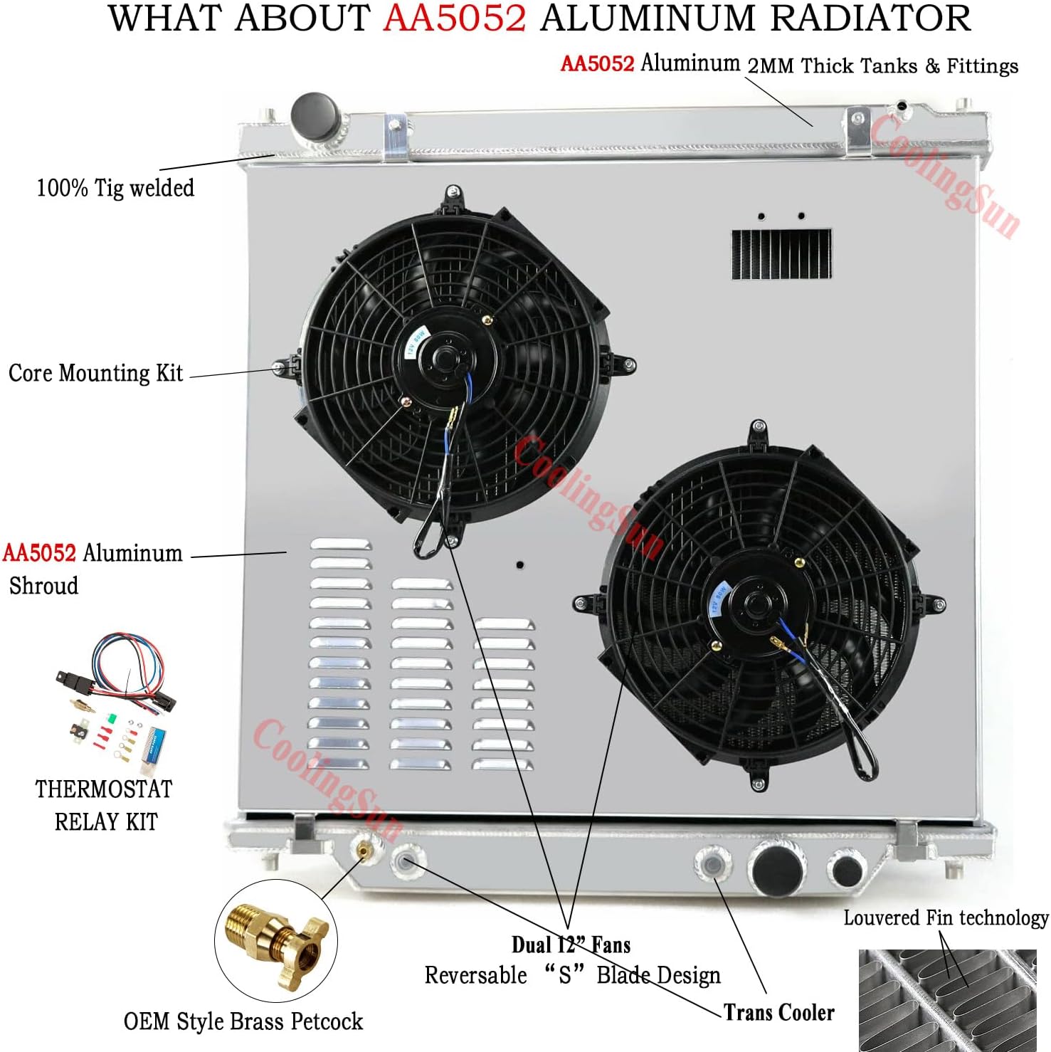 3 Row Aluminum Radiators Compatible with 1999-2005 Ford F250 F350 F450 6.8 7.3 Powerstroke Radiator Electric Fan Shroud Thermostat Kit Combo 2000 2001 2002 2003 2004