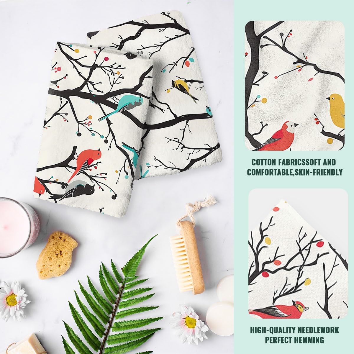 Boho Bird Hand Towels Highly Absorbent Songbird Animal Watercolor Art Bathroom Kitchen Towels Set of 2 Face Towels for Bathroom Gym Hotel Sport Decor Gifts for Women Man 14"x28" - Image 4