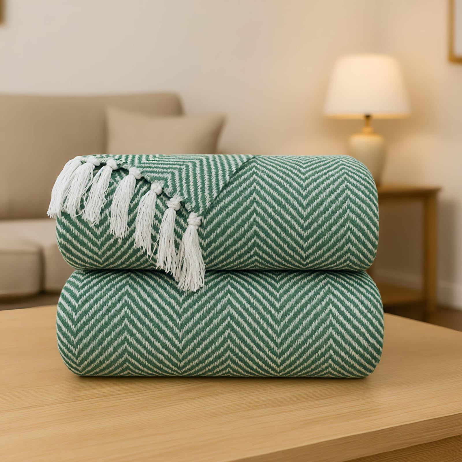 Tarantaran Chevron Throw Blanket, 127x152 Centimetres, Cotton Blend with Tassels, Mint Green and White, Modern Contemporary Pack of 1 | Green ZZ |-image-8