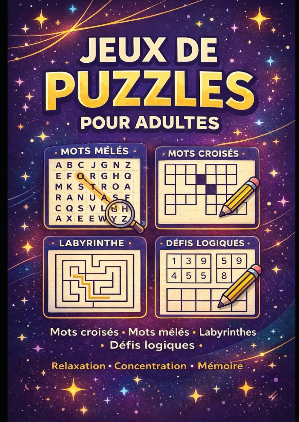 Jeux de Puzzles pour adults -relaxation, concentration,mémoire: Mots croisés • Mots mêlés • Labyrinthes • Défis logiques Un cahier de jeux pour stimuler la mémoire, la concentration et la réflexion