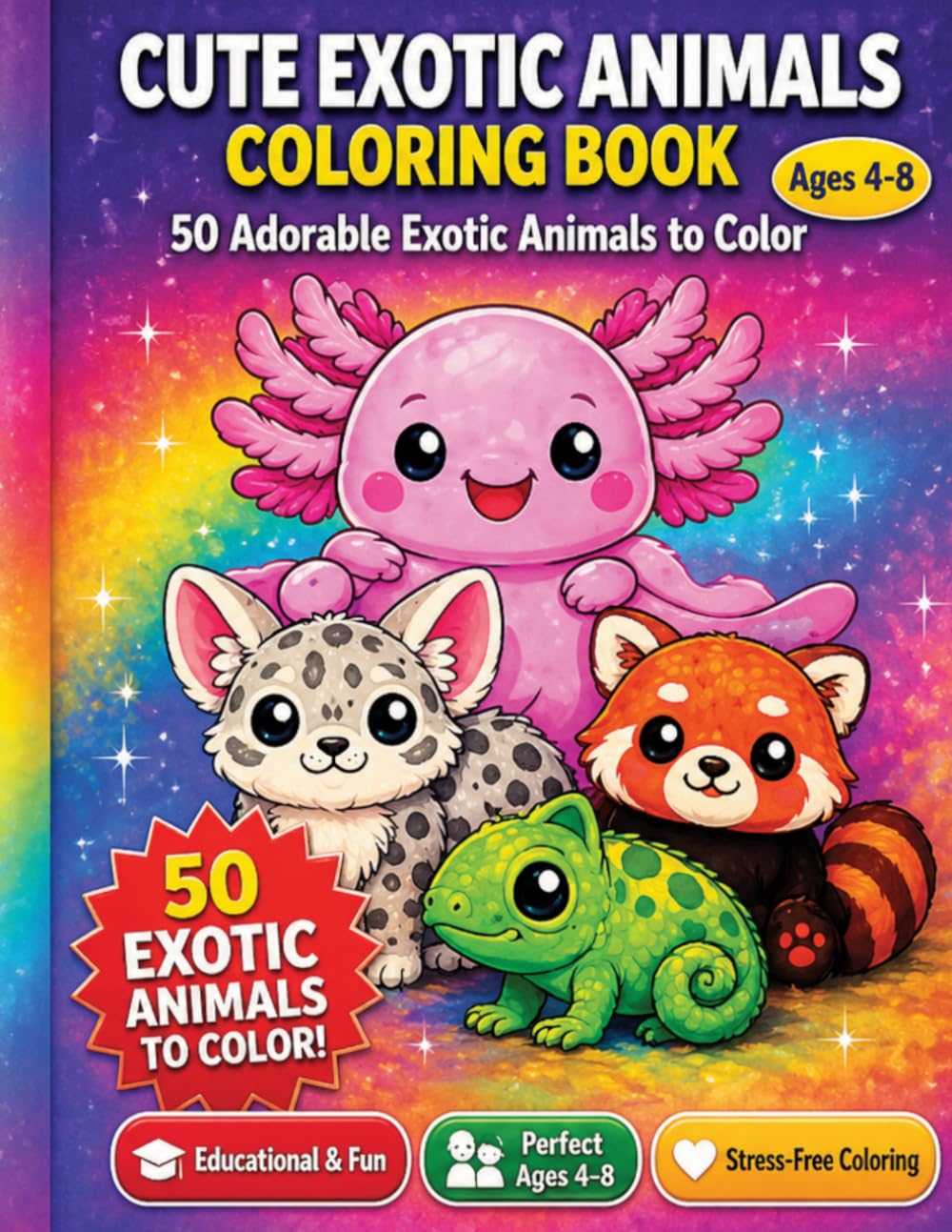 Cute Exotic Animals Coloring Book for Kids Ages 4-8: 50 Adorable Exotic Animals to Color