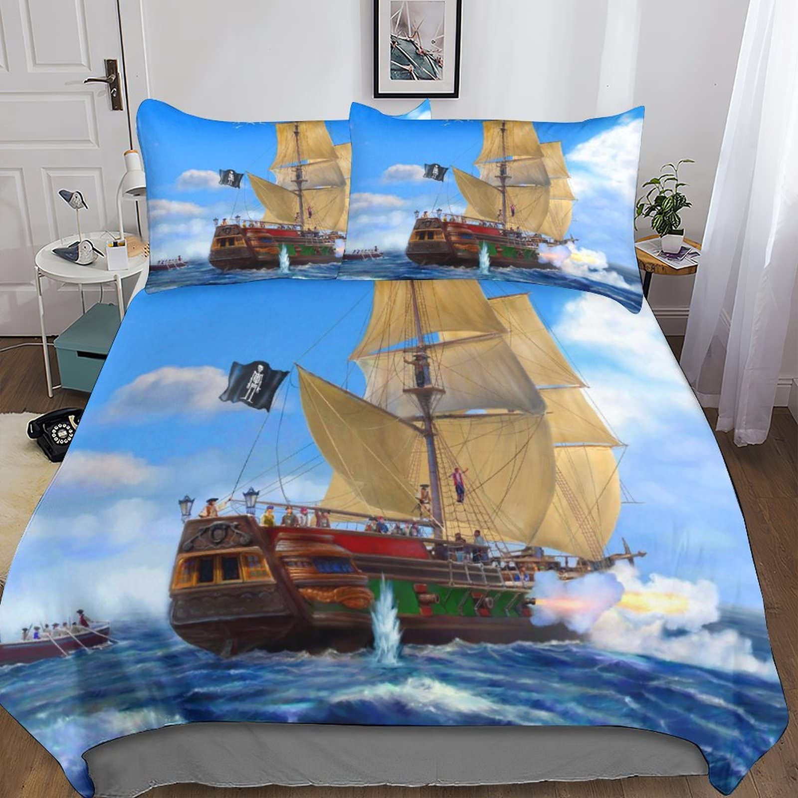 Housse de couette sailboats king size 220x240cm microfibre 3pcs fermeture éclair