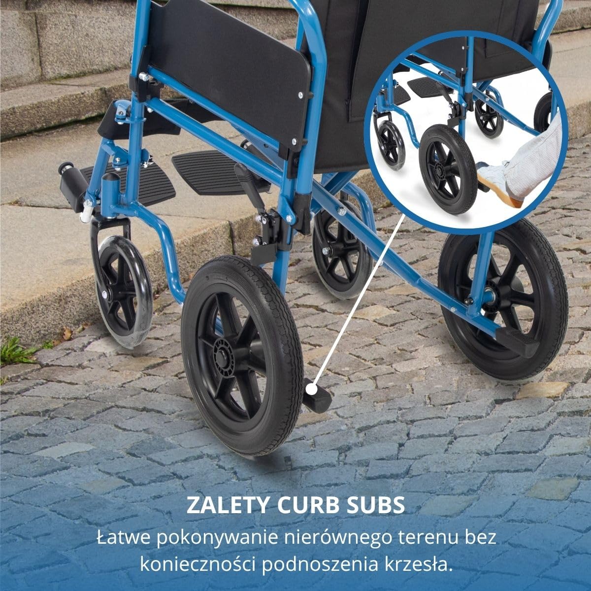 Mobiclinic®, Składany wózek inwalidzki, Marsella, Kółka z możliwością szybkiego zwolnienia po naciśęciu przycisku, Stabilny, Siedzisko 46 cm, Dźwignia hamulca, Niebieski