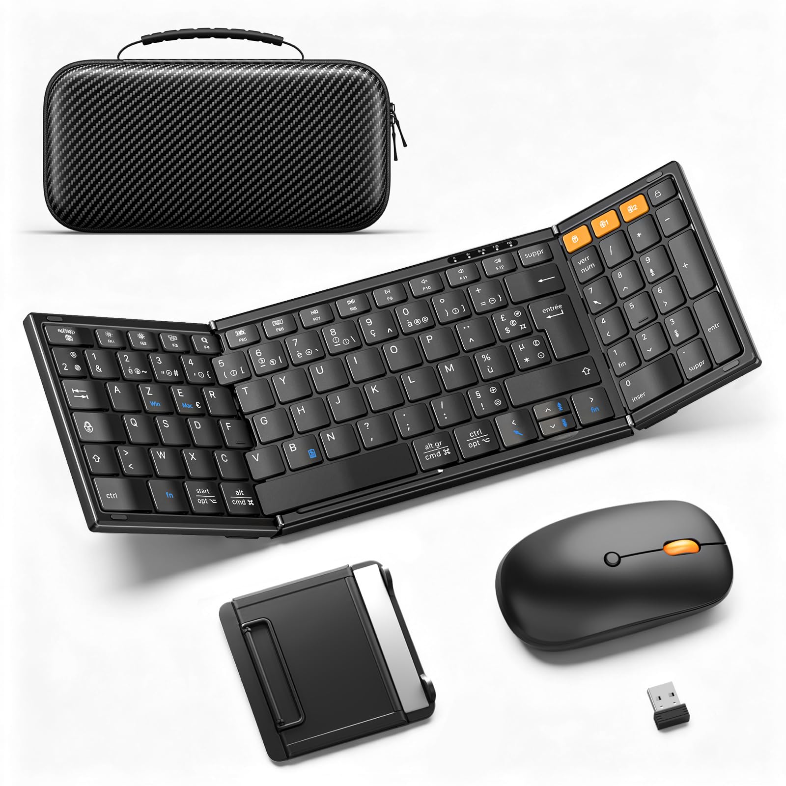 MoKo Clavier Souris sans Fil Pliable, AZERTY Clavier Bluetooth Portable | 2.4G+Dual BT5.0, avec Pavé Numérique, Recharge via USB-C, Coque de transport, pour Affaires et Voyages, pour Tablette iPad PC