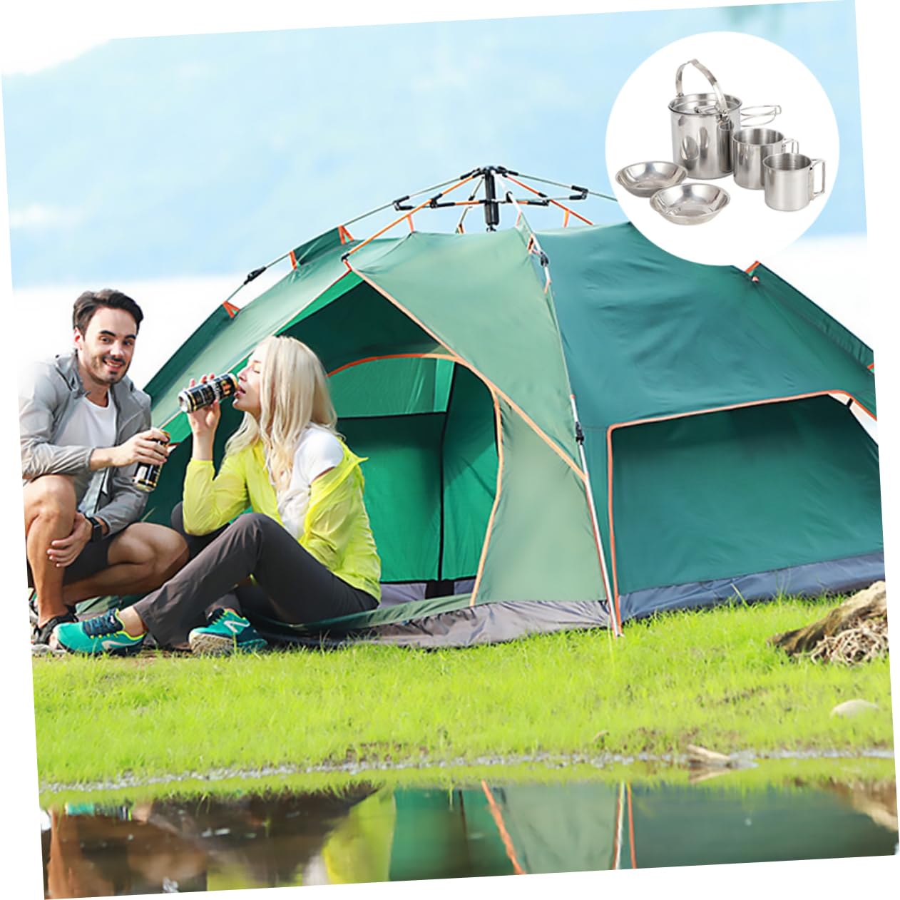 HANABASS Kit Couvert Camping Bouilloire Randonnée Cuisine Pique- Bol Acier Inoxydable Vaisselle Extérieur