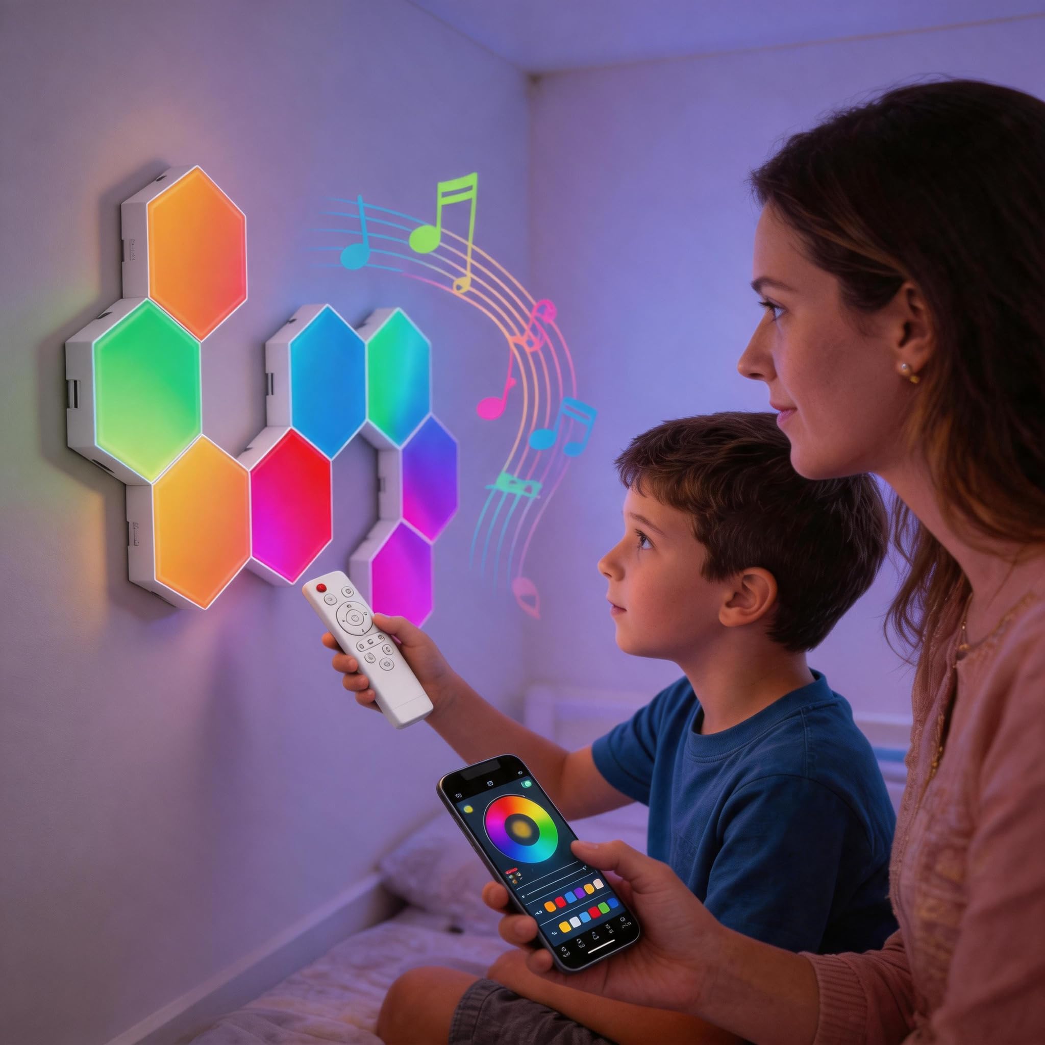 TISOFU Paquete de 8 luces hexagonales LED de pared, paneles de luz RGB para juegos de color RGB con aplicación / sincronización de música y control remoto, panel de azulejos hexagonales modulares
