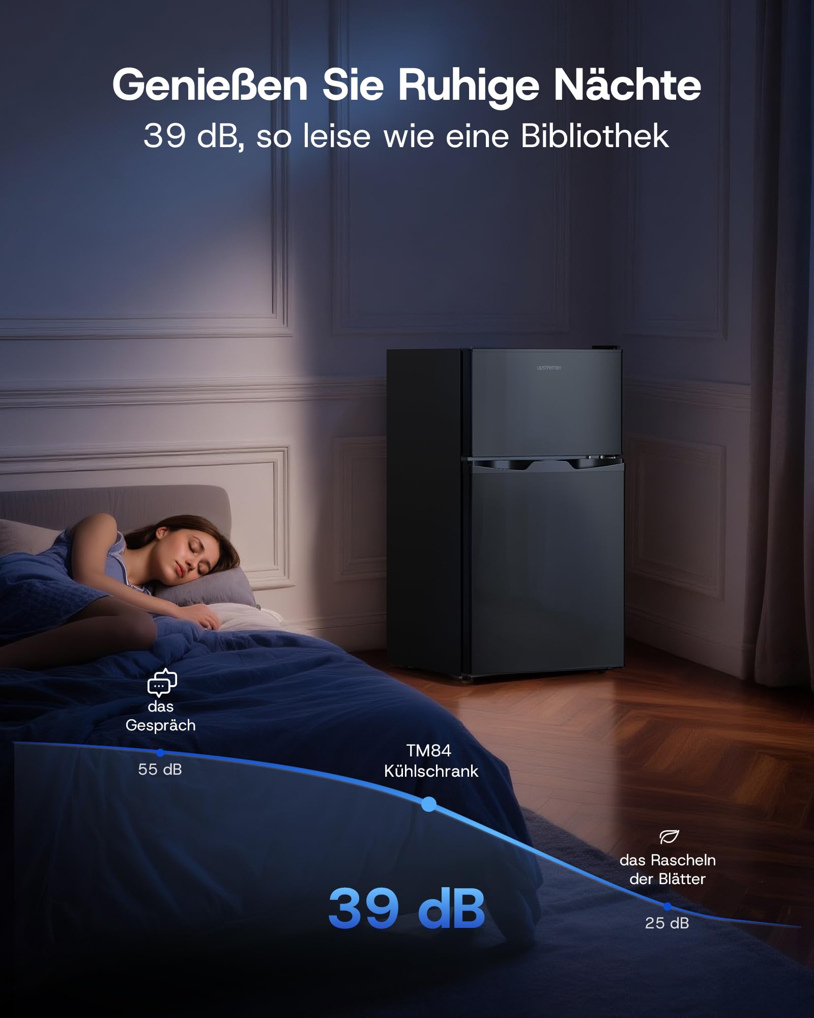 Upstreman 84L Kühl Gefrierkombination, Kühlschrank mit Gefrierfach oben，39dB Leise und LED Beleuchtung，Kleiner Kühlschrank mit 2 Wechselbare Tür, TM84 Schwarz