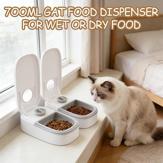 2 Meal Cat Feeder Automatic with Timer,Automatic Cat Feeder Wet Food and Dry Food 700ml Capacity 48h Timer for Cats & Small Dogs Easy to Use & Clean