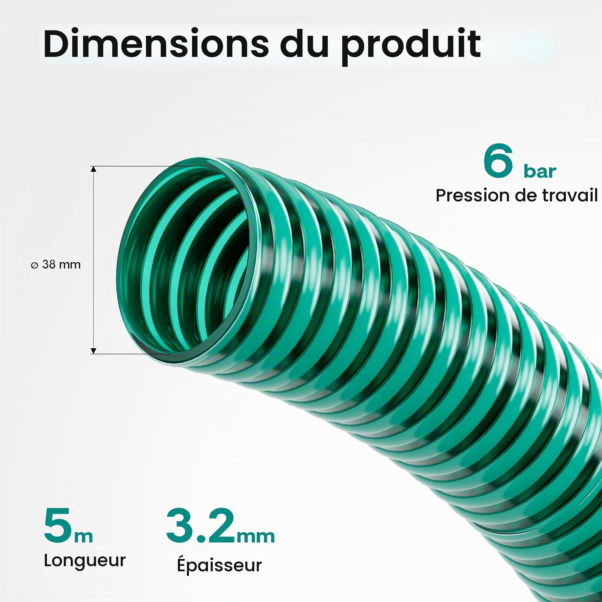 Wiltec Tuyau spiralé de refoulement - 5 m - Vert Flexible - Ø 38 mm (1 1/2") - avec Spirale de renforcement - évcuation, écoulement, drainage, arrosage sans pression