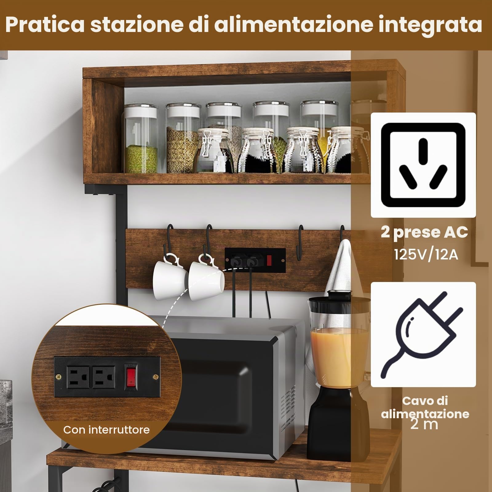 KOMFOTTEU Mensola da Cucina con Presa e 10 Ganci, Supporto per Forno a Microonde a 4 Livelli, 60 x 42 x 153 cm, Scaffale Multifunzionale in Acciaio, Scaffale Da Panetteria per Cucina e Sala da pranzo