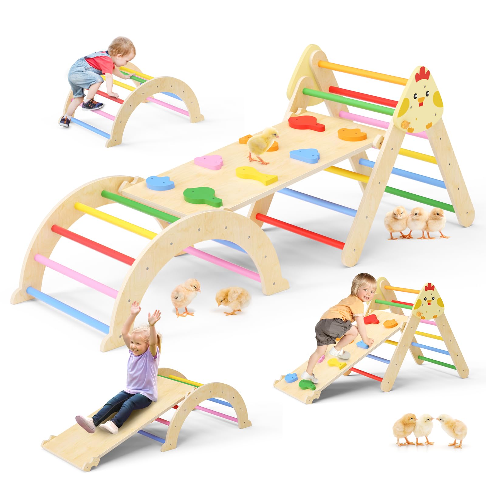 Lischwert Montessori - Struttura da arrampicata 7 in 1 per bambini, pieghevole, in legno, con rampa e arco, giocattolo Montessori per arrampicata e palestra per bambini (colori misti)