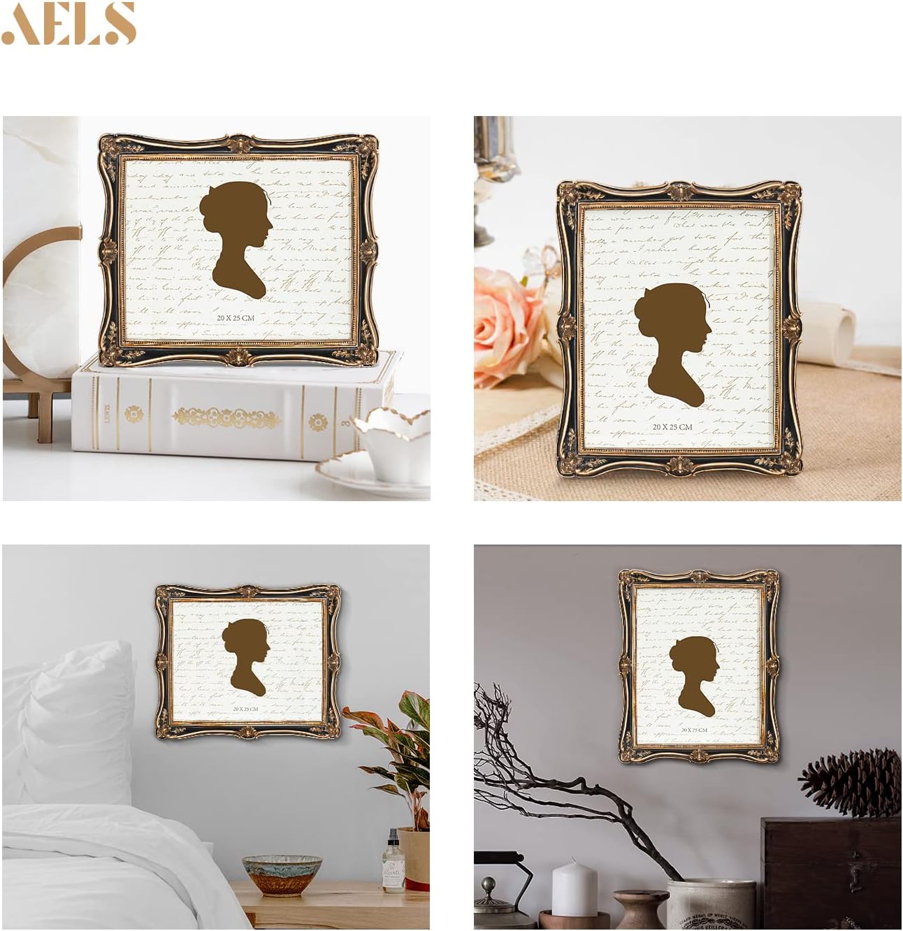 AELS 8x10 Inch Vintage Picture Frame, Elegant Antique Photo Frames with Glass Front, Photo Display, Tabletop Wall Hanging, Gift Ideas, Gold and Black