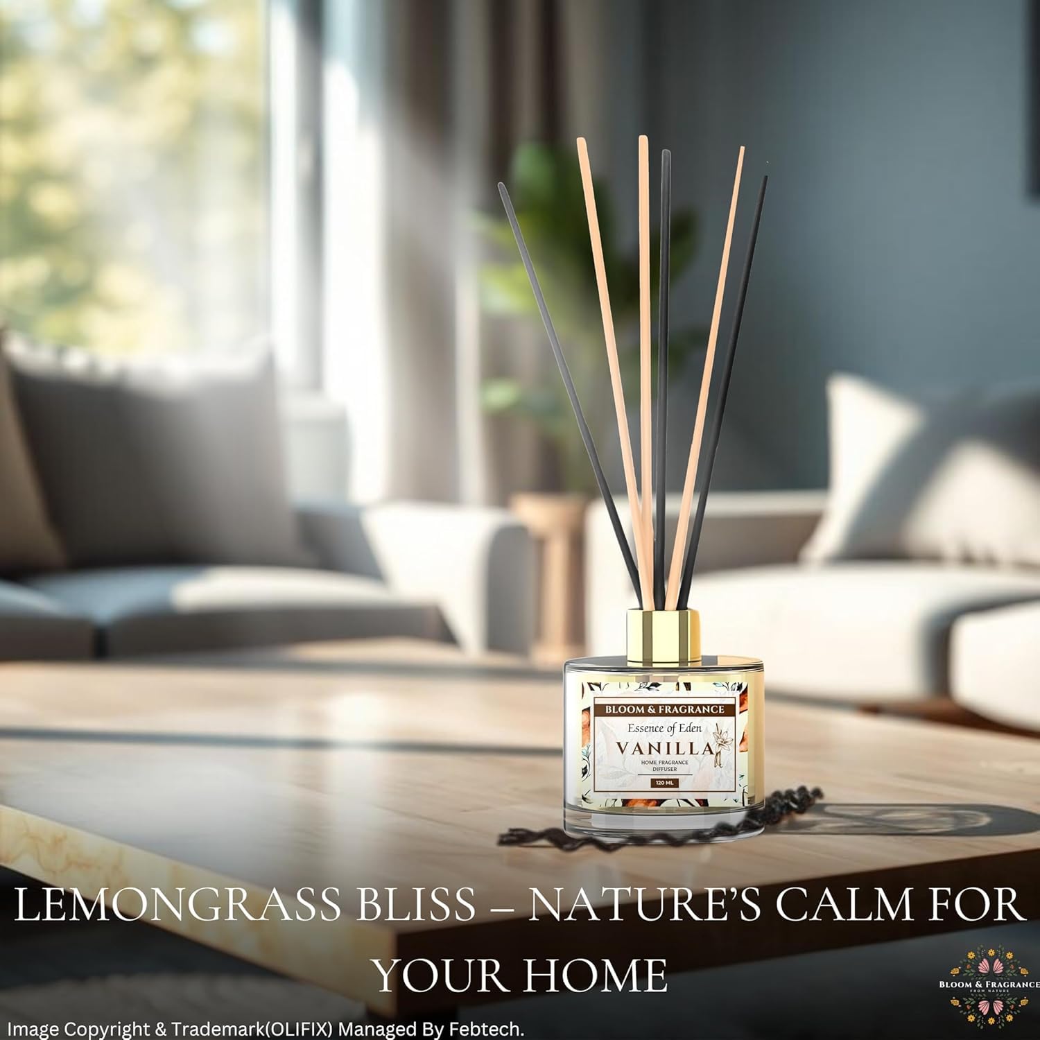 Vanilla Reed Diffuser 4oz Glass Bottle with 6 Premium Fiber Sticks | Toxin-Free, Stress-Relieving &Fine-Living Natural Fragrance for Aromatherapy