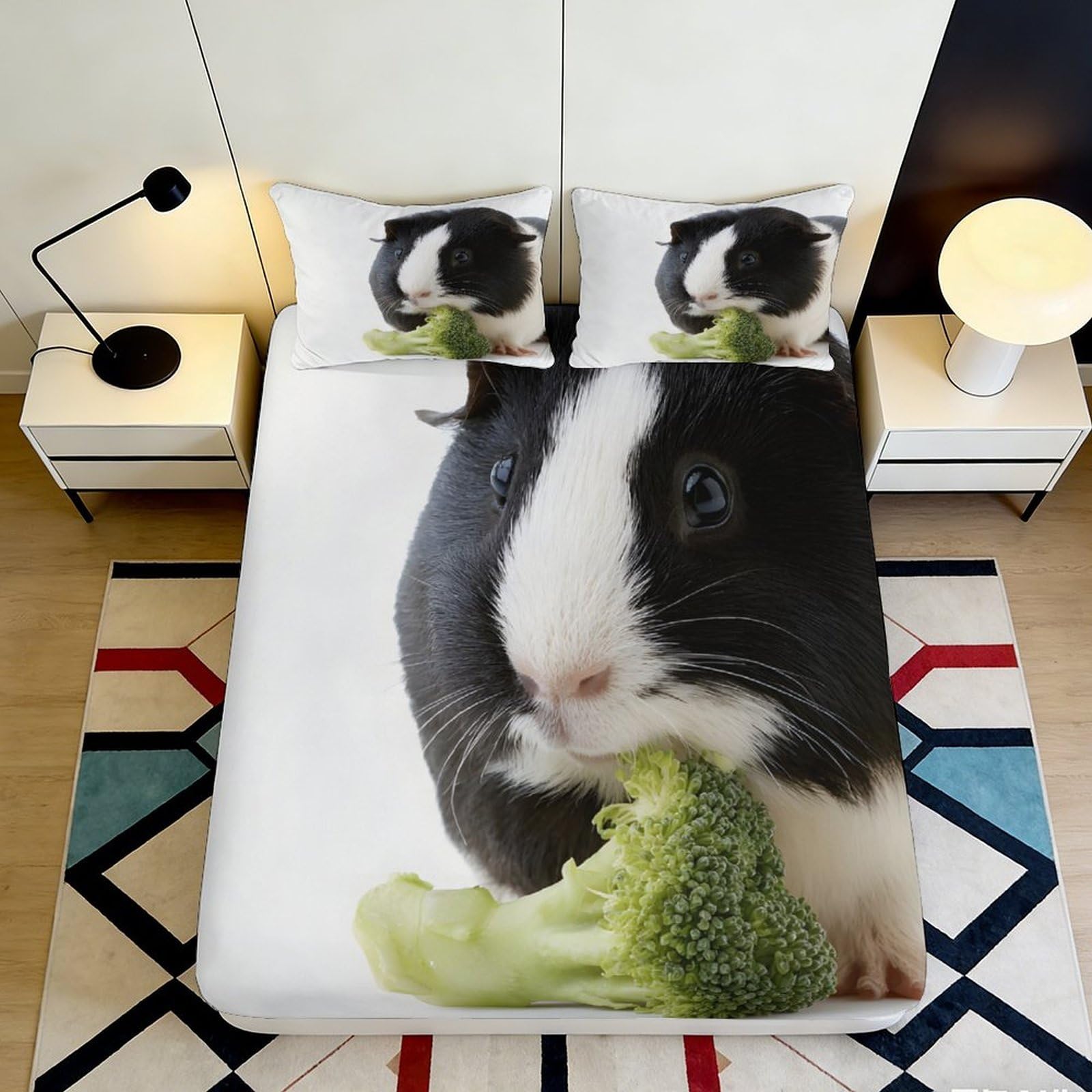 3D Printed Guinea Pig Fitted Sheet Microfiber Soft Breathable Broccoli Bed Cover for Bedroom Dormitory Guest Room Mattress Protection Decor 120x200x25cm