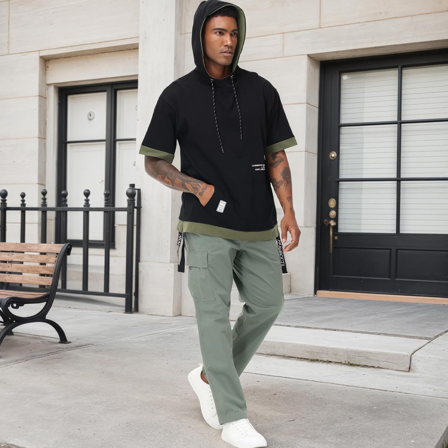 Mens Short Sleeve Hoodie Soft Cotton Color Block Moisture Wicking Big Pocket Hip Hop T-Shirt Hoodie Sports - Image 7