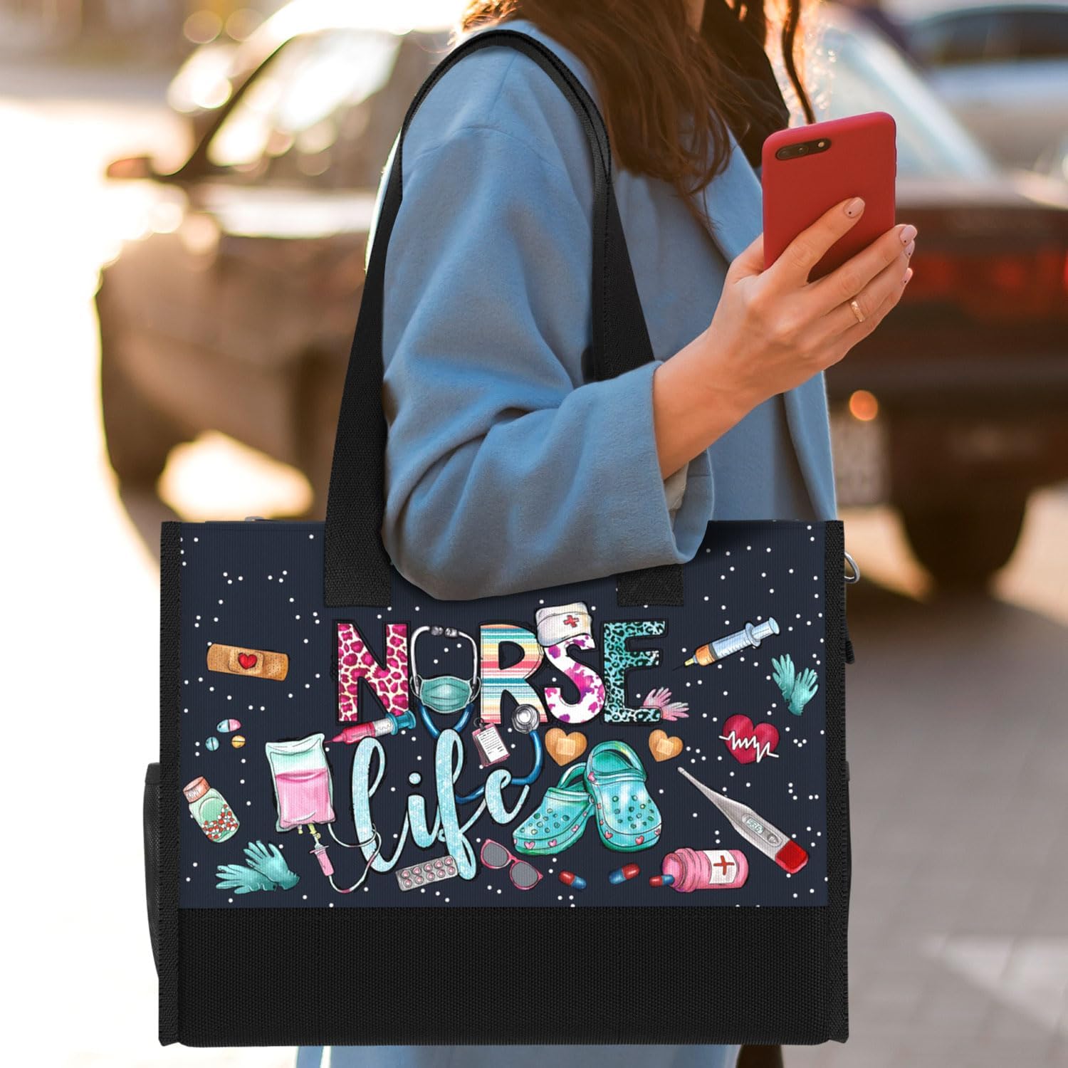 Large Tote Bag for Women. Gift for Nurse. Waterproof Bag with Pockets and Zipper for Travel, Work, Grocery. - Image 2