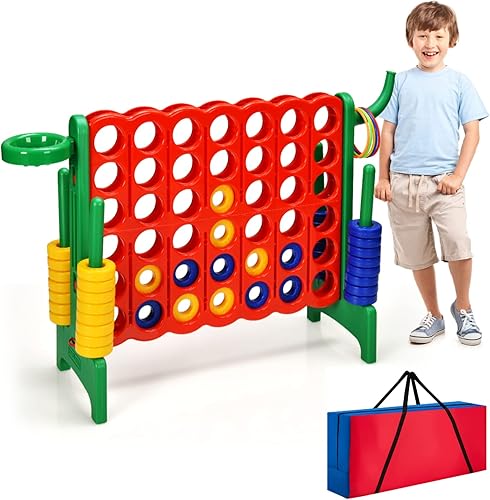 HONEY JOY Juego gigante gigante de 4 a puntuación, 3 en 1 para interiores y exteriores, juego de patio familiar con aro de baloncesto y lanzamiento