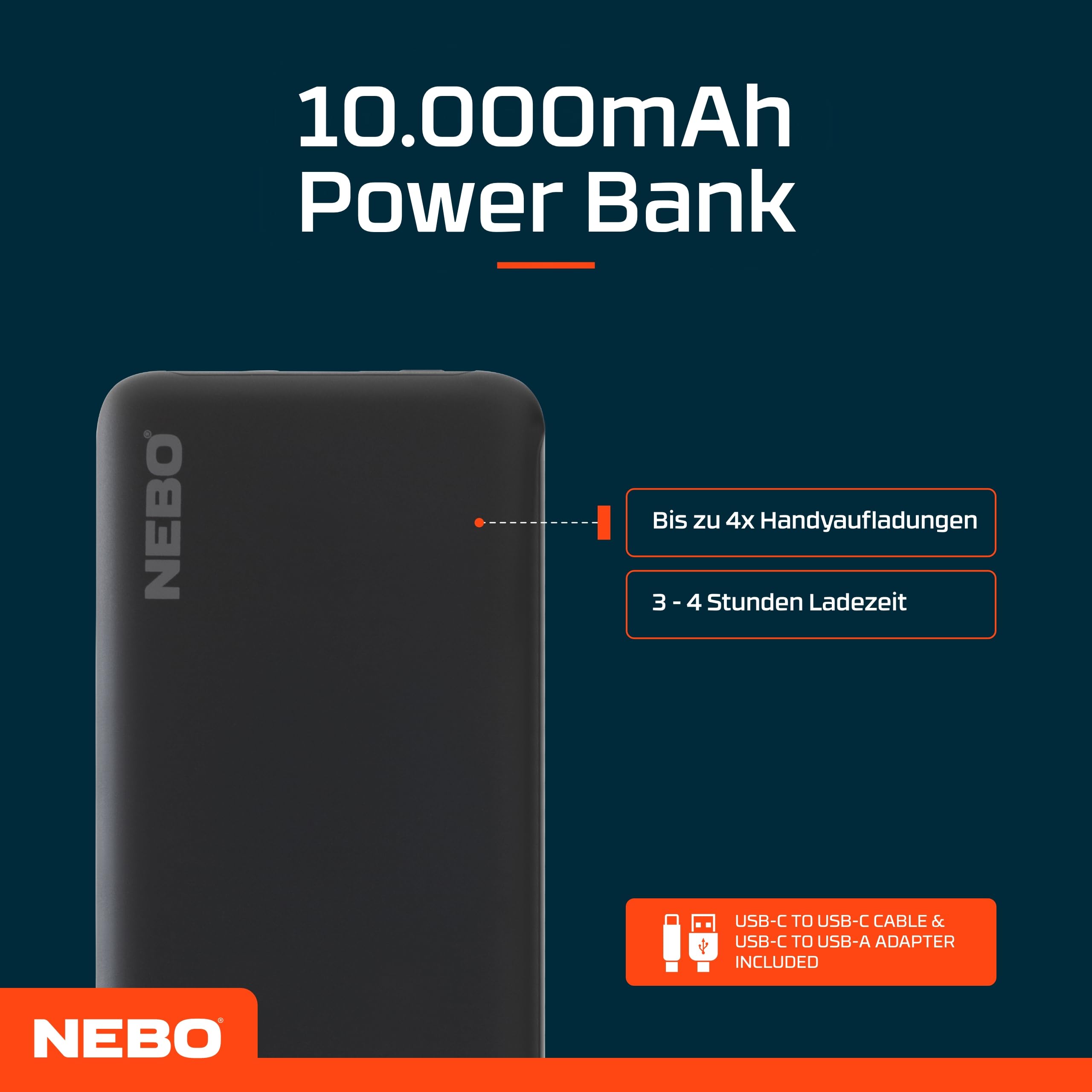 NEBO 10k Powerbank, przenośna bateria zewnętrzna z szybkim ładowaniem, ładowarka do telefonu USB-C (pojemność 10 000 mAh, z przewodem)