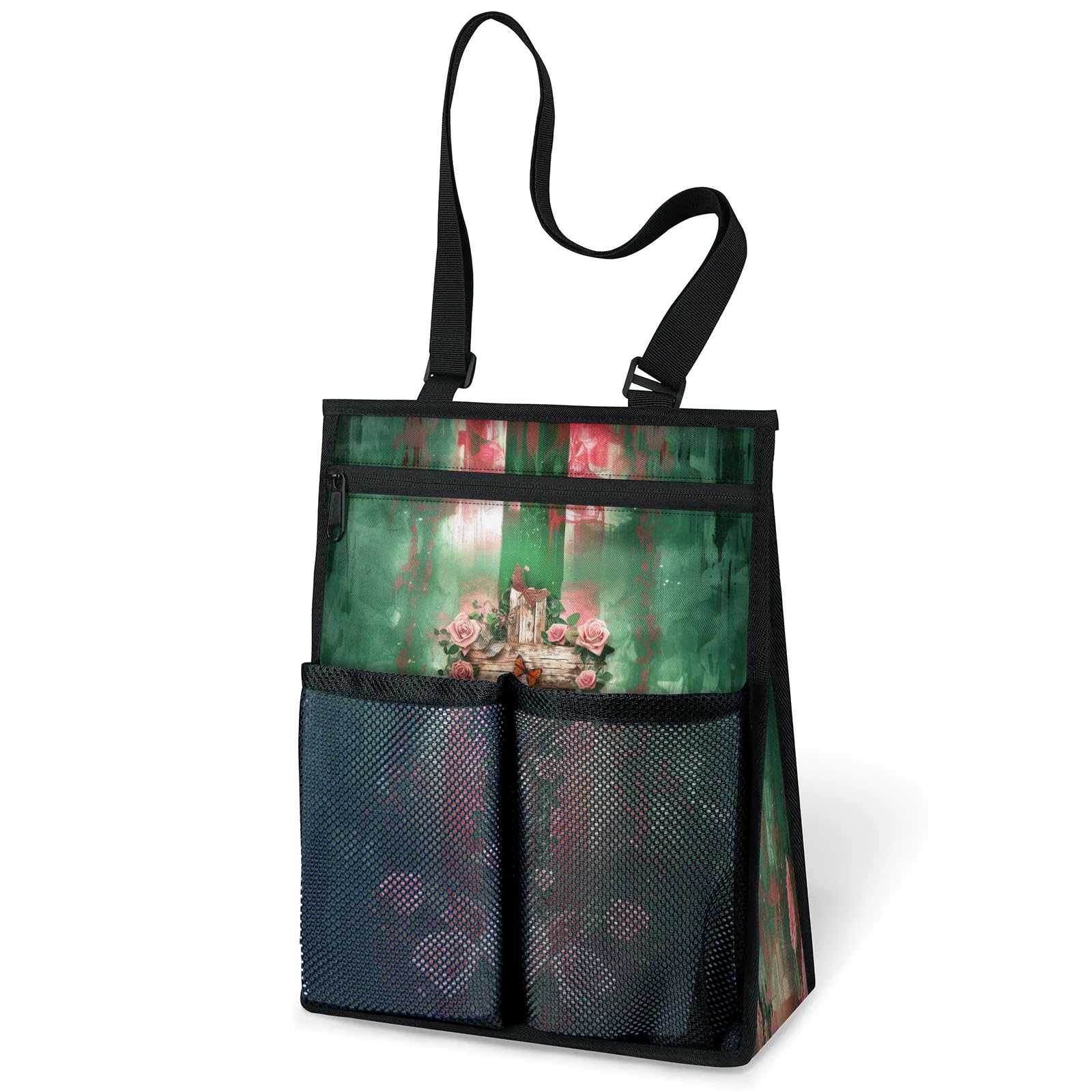 Ourtheme Rose Cross Pattern Portable Shower Bag for Travel Gym Camp Beach Tote Shower Caddy Bags Hanging Toiletry